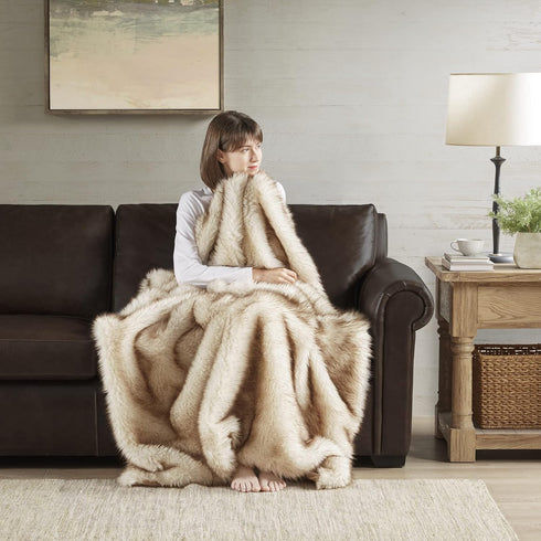 50x60 Hyde Lane Faux Fur Throw Blanket - Ultra Long Pile, Luxury Fluffy Fox Golden with Brown Tipped Throws for Couch
