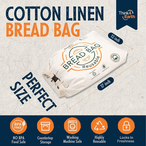 Think4Earth (2 - Reusable Organic Cotton Bread Bag for Homemade Loaves Large | Premium Quality Storage Bags - Unique