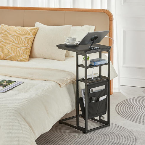 28"(H) 3-Tier C Shaped End Table with Charging Station, C Table with Storage Bag, Under Couch Table C-Shaped End Table