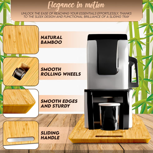 Bamboo Appliance Slider Tray for Coffee Maker & Heavy Kitchen Appliances, Rolling Wheels Under Cabinet Countertop