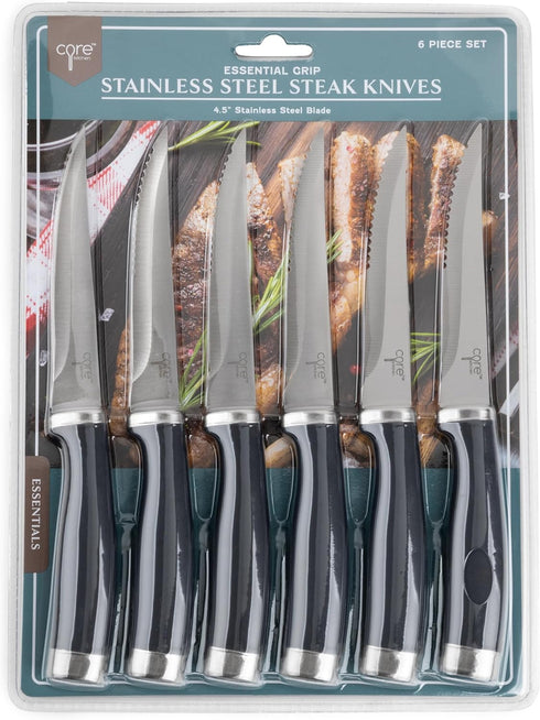Core Kitchen Set of 6 Essential Grip Steak Knives - Black