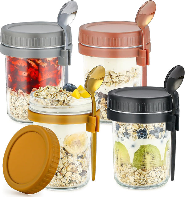 DRKIO 4 Pack Overnight Oats Containers, 16 Oz Glass Mason Jars with Lids and Spoons for Meal Prep