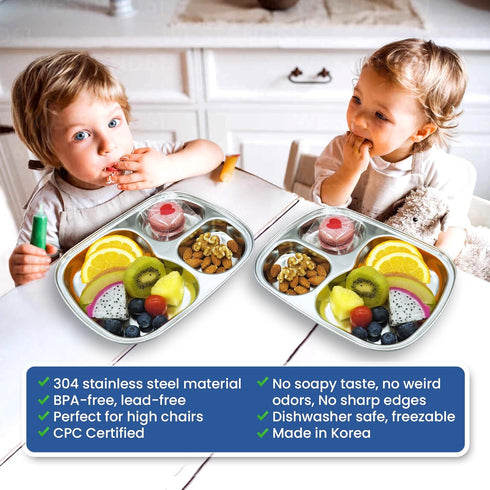 Korean Stainless Steel Divided Plates, Kids Tray, BPA Free 3 Compartment Plate, Set of 2 Silver
