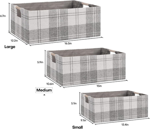 Fabric Storage Bin Box, Collapsible Cotton Linen Storage Cube with Wooden Handles, Light Gray Plaid, Medium