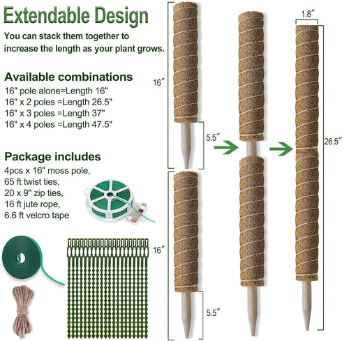 47.5 Inch 4 Packs 16 Inch Fabulas Moss Pole - Monstera Plant Support, Plant Stakes for Indoor Plants Coco Coir Moss