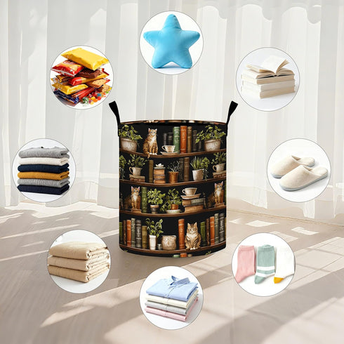 19.6x15.7 Inch Wooden Bookshelf Cat Laundry Basket Storage Bin Foldable Laundry Hamper Clothes Storage Bucket Organizer