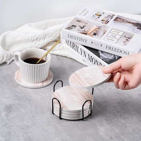 Hoewina 6Pcs Set 4 InchesCloud Drink Coasters with Holder, Marble Style Ceramic Drink Coaster, Absorbent Coasters