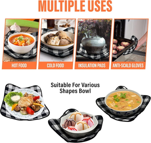 4 Pieces Microwave Bowl Holders Set, Heat Resistant Potholder Protector, Large Hot Pads, Black & White Plaid