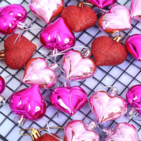 Elcoho 24 Pieces Valentine's Day Heart Baubles Ornaments for Decoration, 2 Styles (Glossy, Glitter)