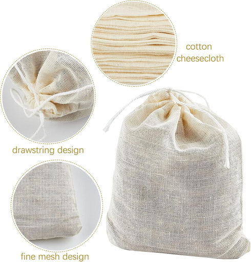 TUZAZO 50 Pack Reusable Tea Bags, Natural Unbleached Cotton Cheesecloth Bags for Straining, Drawstring Muslin Bags
