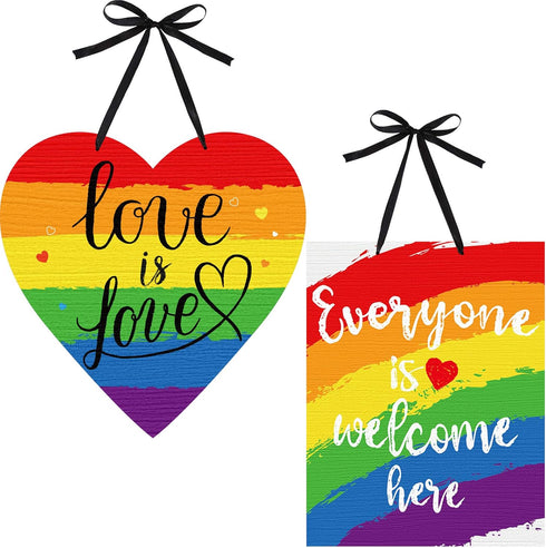 Jetec 2 Pieces Rainbow Pride Sign, "Everyone is Welcome Here" & "Love is Love" Wood Hanging Decoration