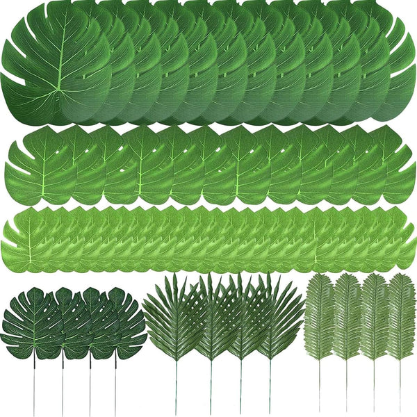 TIETHEKNOT Fake Leaves, 60 Pcs Artificial Tropical Palm Monstera Leaves with Stems for Party Decorations