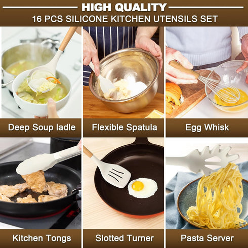Silicone Cooking Utensils Set, 16 Pcs with Holder, Heat Resistant Kitchen Gadgets for Nonstick Cookware