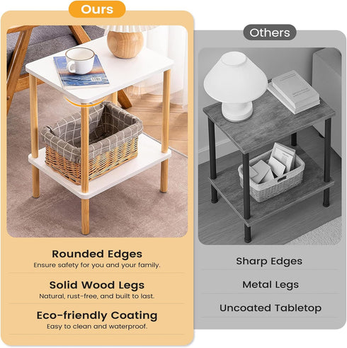 2 Apicizon Tier End Table, Small Side Table with Solid Wood Legs, Boho Bedside Table with Storage Shelf, Nightstand