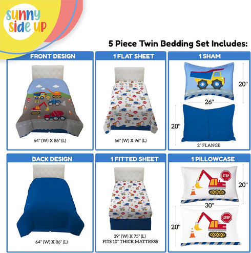 Set 5 Set Sunny Side Up Construction Zone Twin Comforter - Piece Kids Bedding Includes Comforter, Sheets & Pillow Cover