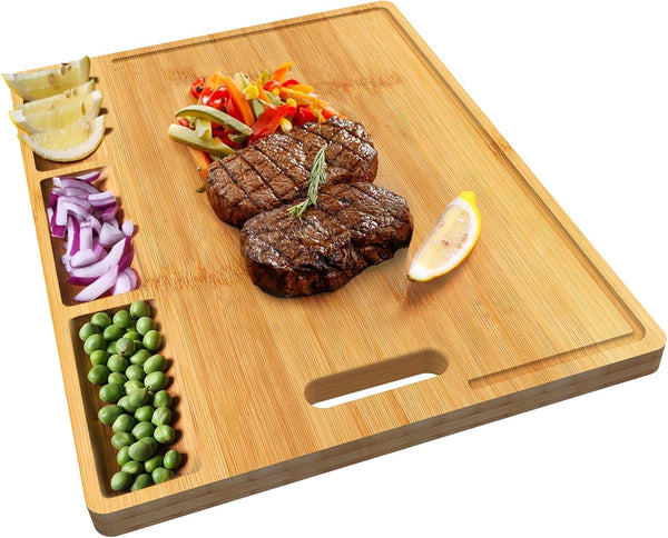 Large Bamboo Cutting Board with Built-In 3 Compartments and Juice Grooves, 17 x 12.6" Charcuterie Board for Kitchen