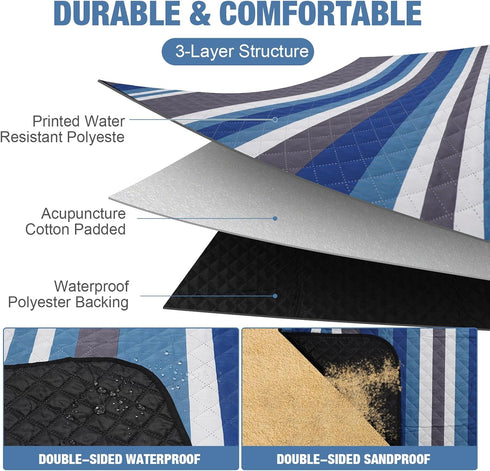 80"x80" 3-Layer Picnic Blankets Outdoor Extra Large - Waterproof Beach Blanket, Machine Washable Foldable Park Mat