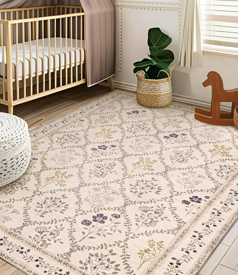 5x7 YIHOUSE Washable Area Rugs for Bedroom Girls, Beige Floral Rug for Living Room Non Slip Ultra-Thin, Large Boho