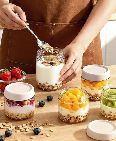 6 pack 16 oz Overnight Oats Containers with Lids and Spoons Glass Jars with Airtight Lids: Wide Mouth Mason Salad Jars