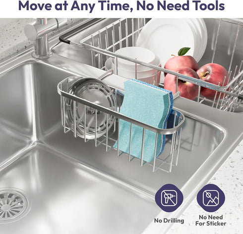 SWTYMIKI Sponge Holder for Kitchen Sink, Movable Kitchen Sink Caddy with Compact Size Rustproof and Waterproof Hanging