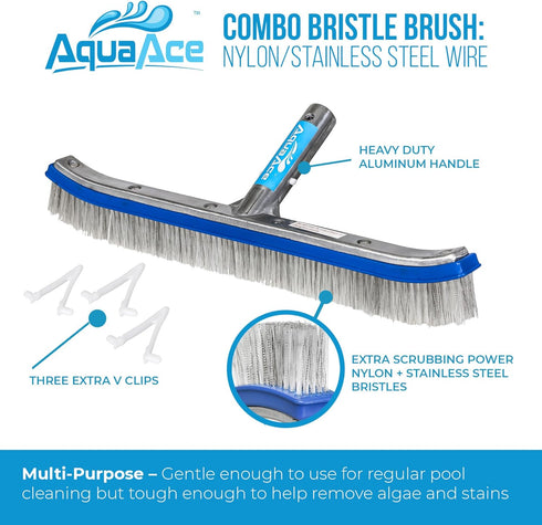 Premium Combo Nylon and Stainless Steel Wire Bristle Pool Brush, Mixed Bristles for Extra Scrubbing Power, Three Extra