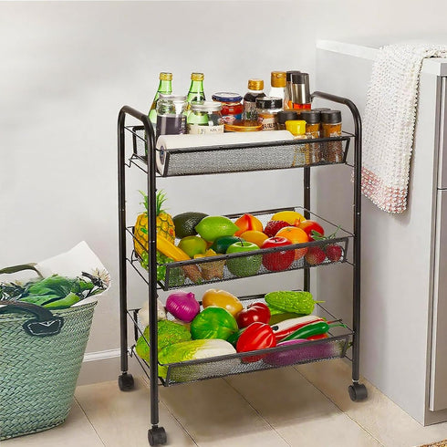 3 Tier Metal Rolling Cart with Wheels, Wire Bathroom Organizer Storage Shelves with Hooks, Utility Cart for Kitchen