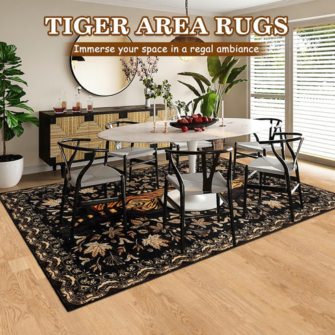 5x7Ft, Washable Tiger Area Rugs Boho Animal Living Room Bedroom Rugs, Soft Low Pile Jungle Kids Nursery Dining Room