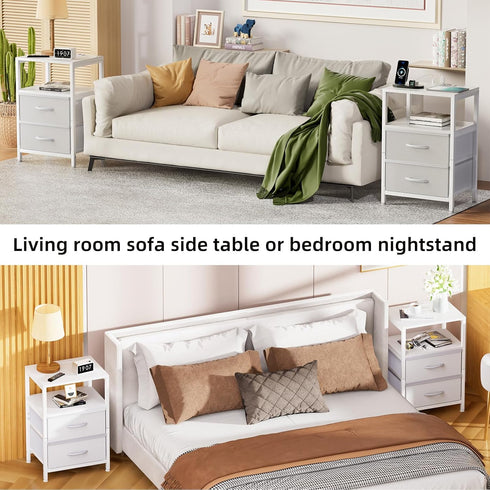 Simple Trending Side End Table with Charging Station, Tall Nightstand Bedside Table with Fabric Drawers for Living