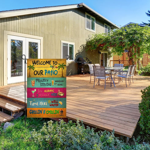 Welcome To Our Patio Garden Flag, 12.5x18" Summer Party Decorations for Outdoor Beach Bar Pub Porch Decor