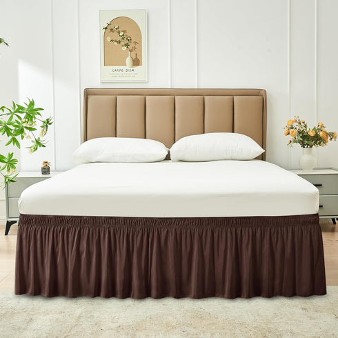 Biscaynebay Wrap Around Bed Skirts for Queen Beds, 15" Drop, Brown Adjustable Elastic Dust Ruffles