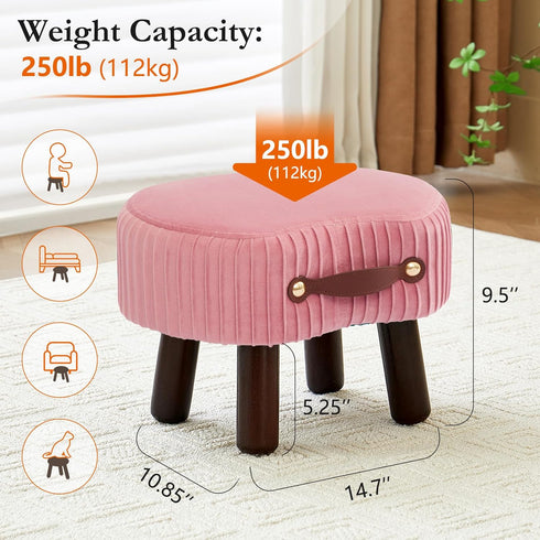 Small Ottoman Foot Rest with Handle, Velvet Footstool with Wooden Legs & Soft Padded Seat, Foot Stool for Living Room