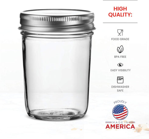 Glass Regular Mouth Mason Jars, 12 Pack, 8 Ounce Jars with Silver Metal Airtight Lids for Food Storage