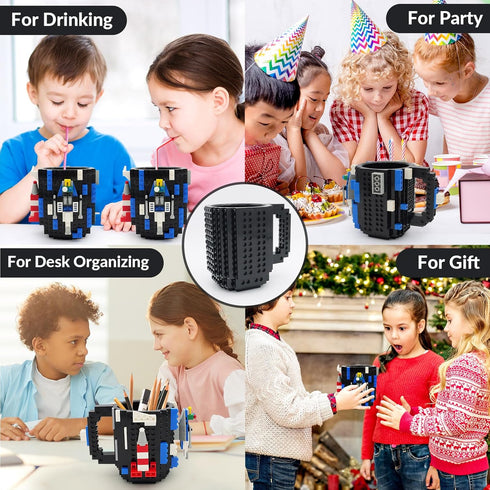 Build-on Brick Coffee Mug, Funny DIY Novelty Cup with Building Blocks for Kids, Men, Women, Xmas Birthday (Cool Black)