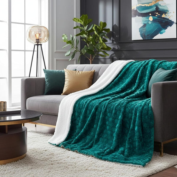 DaDa Bedding Lavish Emerald Teal Green Faux Fur Fuzzy Throw Blanket -