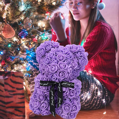 LINKLO Rose Bear, 10 inch Artificial Rose Flower Bear Gift for Wedding, Mothers Day, Anniversary (Purple)