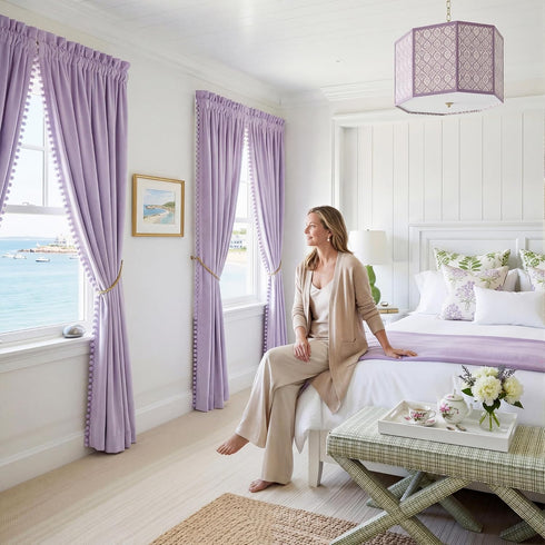 84 Inch (2 NICETOWN Lilac Purple Pom Pom Velvet Curtains Length for Nursery & Kids Room - Room Darkening Drapes Thermal