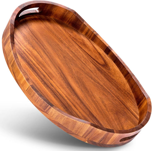 HouseJoy Acacia Wood Serving Tray with Handles, Decorative Ottoman Tray Platter for Breakfast