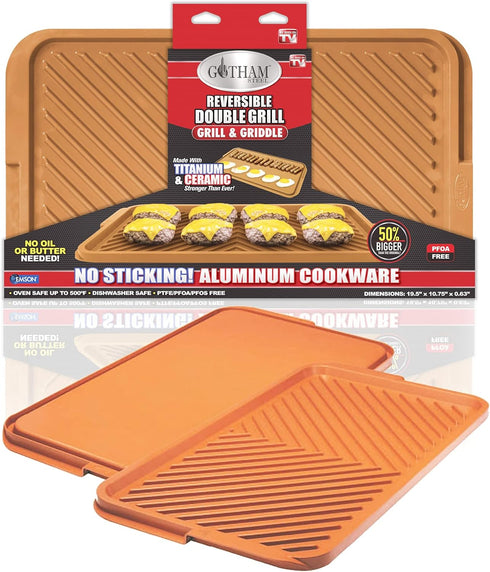 Gotham Steel XL Nonstick 2 in 1 Griddle Pan & Grill Pan, Reversible Copper Griddle for Stovetop & Outdoor Use