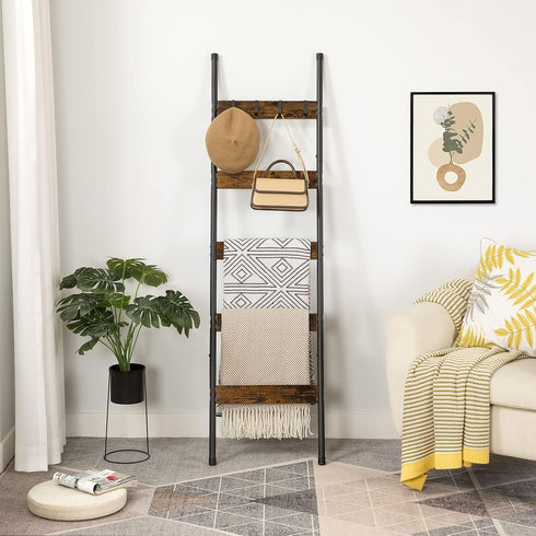5-Tier BF52CJ01 HOOBRO Blanket Ladder, Towel Rack with Hooks, Wall-Leaning Blanket Rack, Decorative Display Ladder