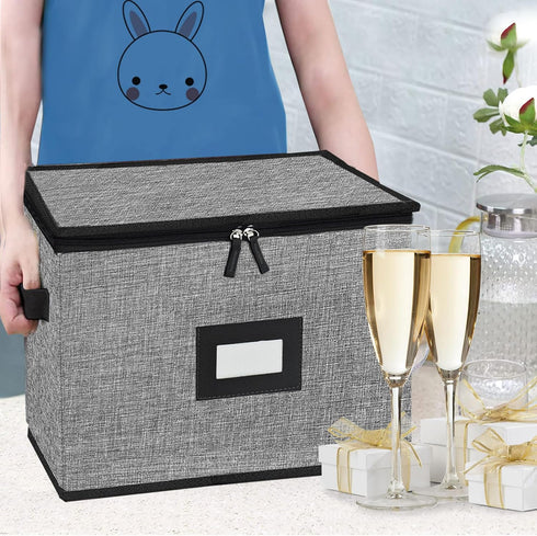 Champagne Flute Storage Box, Quilted Hard Shell Container for Wine Glasses, Stackable, Grey