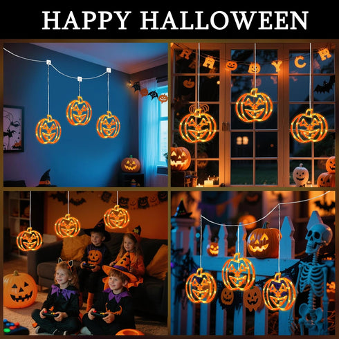Lights,3 Pack 48LED Halloween Window Pumpkin String Light with Battery Operated,Timer Memory Hanging Orange Halloween