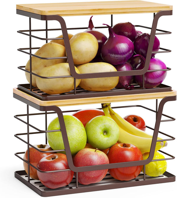 ALOCEO 2 Pack Stackable Wire Storage Basket with Bamboo Lip, Trash Bag