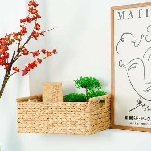 VATIMA Extra Large Wicker Basket, Rectangular with Wooden Handles for Shelves, Natural Water Hyacinth Basket for