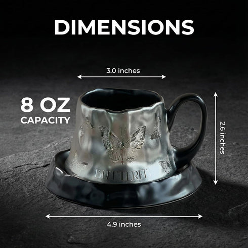 YDDistinct Set (8 oz) Volcanic Ash Titanium Finish Coffee Mug and Saucer | Modern Sculptural Ceramic Cup for Espresso
