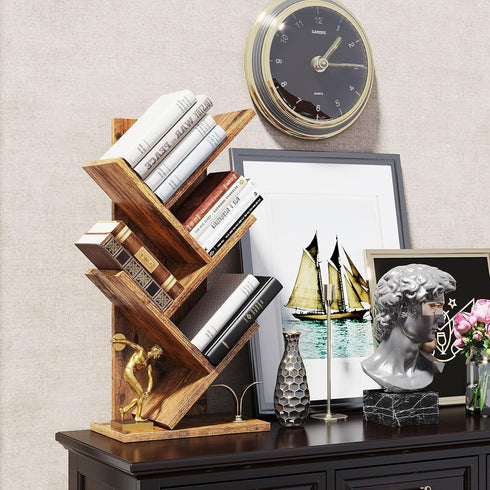 4-Tier HBC014H YMYNY Tree Bookshelf, Book Storage Organizer Shelves,Rustic Brown