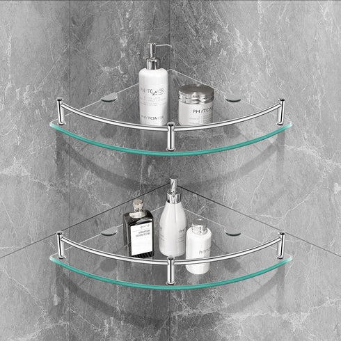 2 PackSliver Glass Corner Shelves Tempered Bathroom Eestantes para Baos with Rail Wall Mounted Drill Hole for Corner