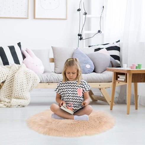 uxcell Faux Fur Round Rug, Fluffy Area Mat, 3 x 3 Feet Khaki, Fluff Rugs for Bedroom Floor Sofa Living Room