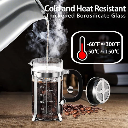 French Press Coffee Maker, 304 Stainless Steel, 4 Filters System, Heat Resistant Borosilicate Glass, BPA-Free Brewed