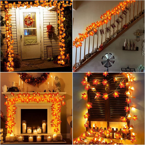 4 Pack Fall Decor Garland with Lights, 40Ft 80LED Enlarged Maple Leaves, Battery Operated Autumn Harvest Decor