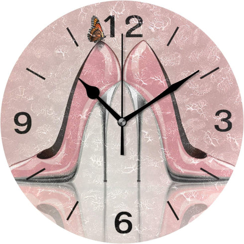 ALAZA Home Decor Butterfly High Heel Shoe Wall Clock, 9.5 inch Round Acrylic, Non Ticking Silent Clock